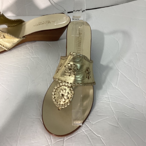 A. Giannetti Size 10M Womens Sandals Gold Leather Slip On Blocked Wedge Heel - Picture 3 of 8